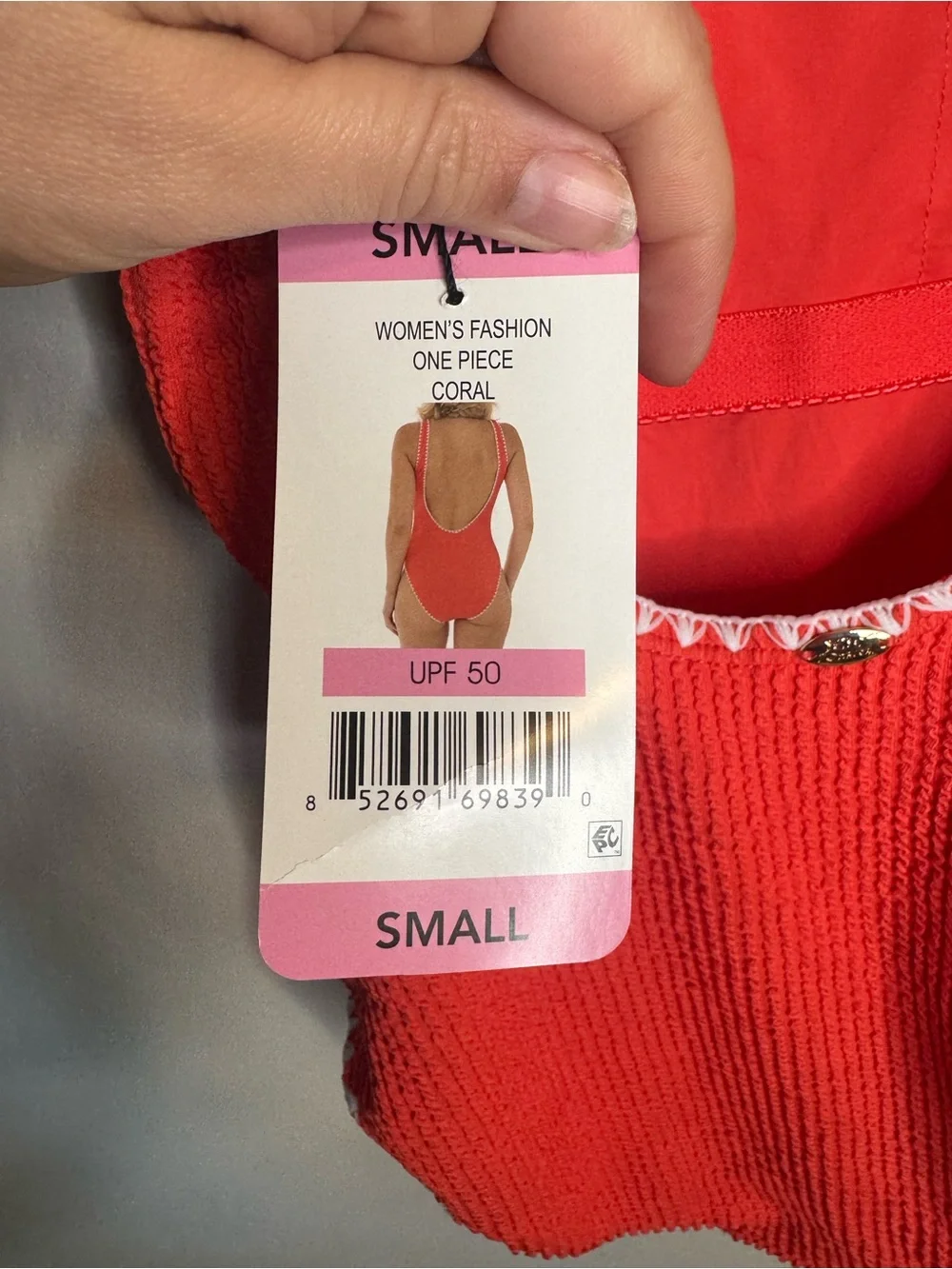 Coral Textured One-Piece Swimsuit with White Trim - Picture 5 of 6